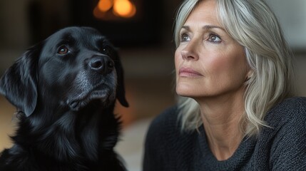 Poster - A woman with blonde hair sits beside her black dog, both gazing thoughtfully toward a flickering fireplace that creates a warm atmosphere in the room.