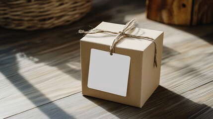 Poster - Cardboard box tied with string sitting on wooden table is displaying blank white tag