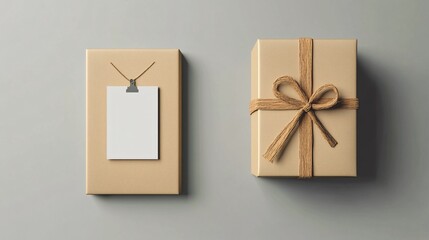 Poster - Two neutral gift boxes wrapped in kraft paper one with blank tag hanging from string