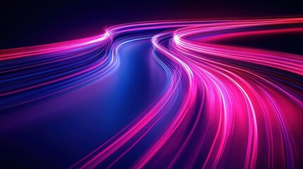 Poster - Neon light trails on a curved road in a dark night background