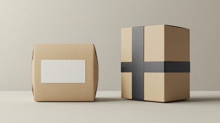 Poster - Two cardboard boxes with black tape and blank white labels for mockups