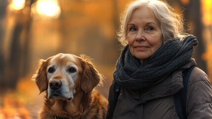 Poster - An elderly woman walks through a forest filled with colorful autumn leaves alongside her golden retriever. Sunlight filters through the trees, creating a warm atmosphere.