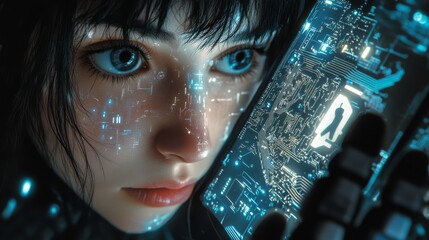 Poster - Cyborg woman look at logo AI hanging over phone. Abbreviation AI consists pcb elements.  