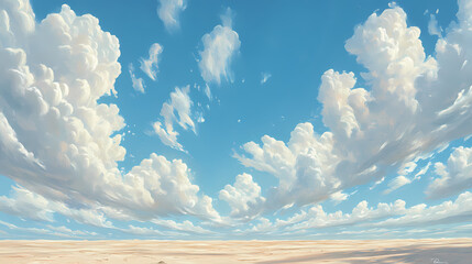 fluffy clouds drift across the vast blue sky above a sandy beach, stretching towards the distant hor