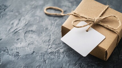 Poster - Small gift box wrapped in brown paper is lying on dark background