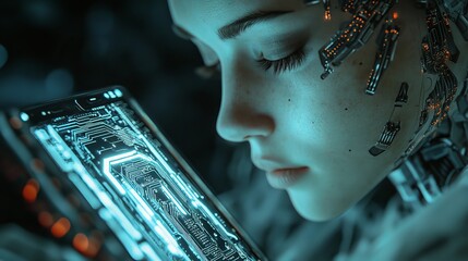 Poster - Cyborg woman look at logo AI hanging over phone. Abbreviation AI consists pcb elements.  