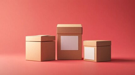 Poster - Three cardboard boxes with blank labels standing on a red background