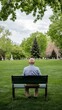 © Maria - Elderly man sitting on a bench in a serene park surrounded by greenery and trees, enjoying a peaceful moment outdoors