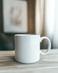 Poster - Smooth and Simple Elegance of a White Ceramic Mug on a Wooden Table