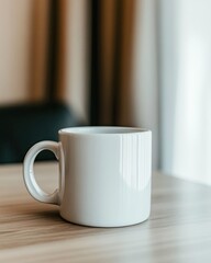 Poster - Minimalist Ceramic Mug on a Light Wooden Surface, Embodying Simplicity and Everyday Elegance