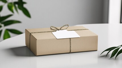 Poster - Cardboard box with blank label tied with string sitting on white table