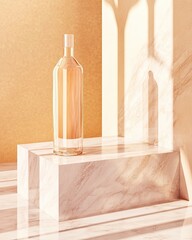 Poster - Clear Glass Bottle on Elegant Marble Surface With Soft Shadows and Warm Lighting for Customization