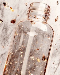 Poster - Clear Glass Bottle on Marble Surface With Floating Particles Creating an Elegant Visual Effect