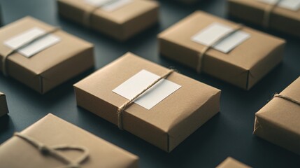 Poster - Many identical cardboard boxes with blank labels are lying on dark surface