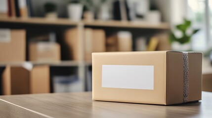 Poster - Cardboard parcel box with blank label standing on table in a storage room