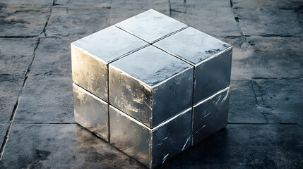 Fototapete - 
Abstract futuristic metal cube. Science fiction block design. 3D rendering


