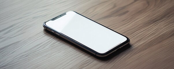Poster - Modern smartphone with blank white screen lying on wooden table