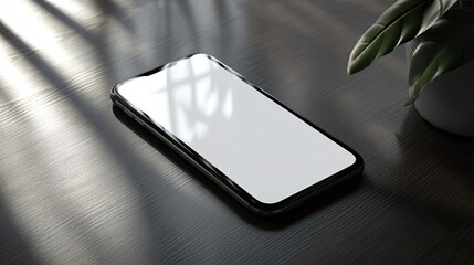 Poster - Modern smartphone lying on desk with blank screen reflecting sunlight from window