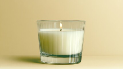 Poster - Illuminating Tranquility With a White Candle in a Glass Jar Against a Soft Beige Backdrop