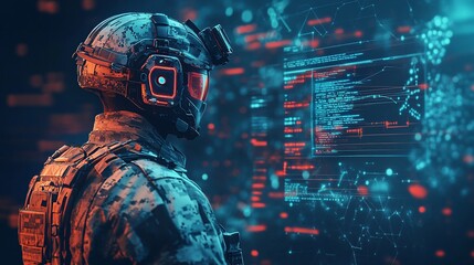 Poster - Military cyber security specialist analyzing data using futuristic head up display