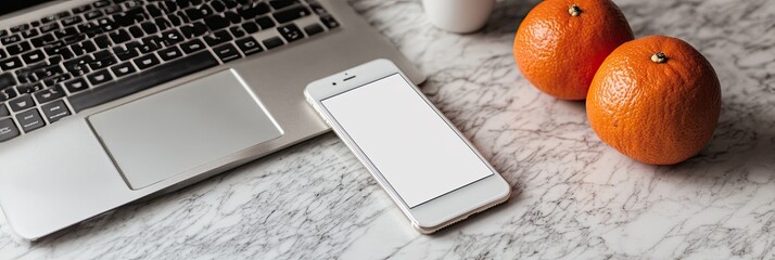 Poster - Smartphone Mockup With a Blank Screen on a Clean Desk With Oranges and a Laptop