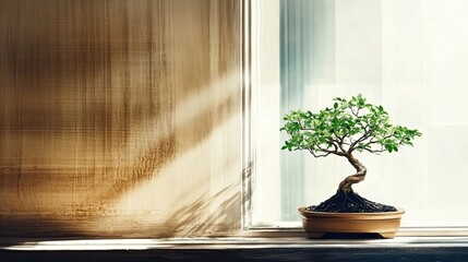 Aufkleber - Solitary Bonsai Tree Basking in Soft Shadows Within a Tranquil Minimalist Setting