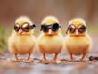 © Olga - Three fluffy ducklings sporting tiny goggles stand together in a line