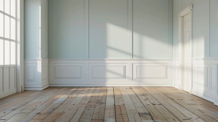 Aufkleber - A large, empty room with white walls and wooden floors. The room is very spacious and has a clean, minimalist look. The sunlight coming in through the windows creates a warm. AI generated.