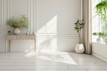 Poster - A white room with a wooden table and a vase of flowers on it. The room is very clean and has a minimalist design. AI generated.