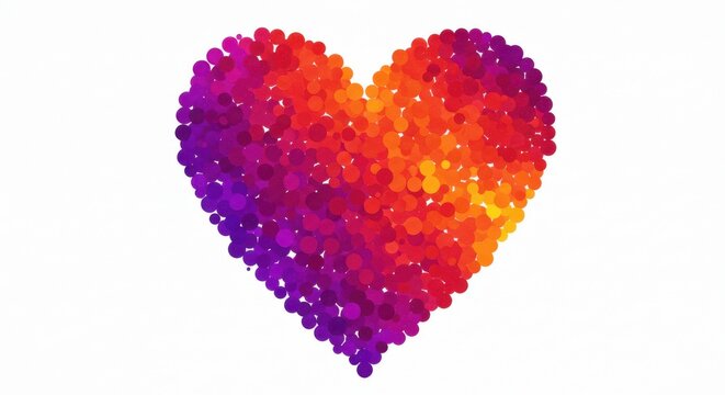 The image presents a heart-shaped pattern composed of numerous small dots The dots are color purple orange and red on white background for valentine's day