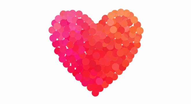 A heart-shaped pattern composed of numerous small dots The dots are color red in a variety of hues, including shades of pink orange and red on white background red heart for valentine's day