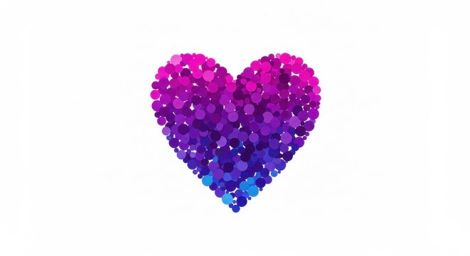 A heart-shaped pattern composed of numerous small dots the dots are color purple in a variety of hues including shades of pink, blue, and purple on white background for valentine's day