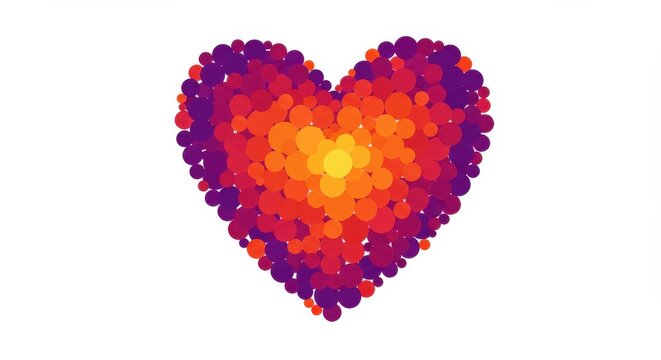 The image presents a heart-shaped pattern composed of numerous small dots The dots are color purple orange and red on white background for valentine's day