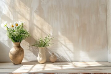 Fototapete - A vase with flowers sits on a wooden table next to two other vases. The scene is bright and cheerful, with the sunlight shining on the vases and the flowers. AI generated.