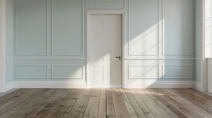 Aufkleber - A large, empty room with a white door and white trim. The room is very clean and has a very simple, minimalist design. The light shining through the window creates a warm. AI generated.