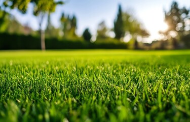 Wall Mural - A stunning out-of-focus background of a vibrant spring landscape, featuring a well-manicured lawn bordered by trees under a blue sky dotted with clouds on a sunny day