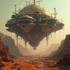 Wall Mural - a desert wasteland where human survivors thrive in self-sustaining floating cities, powered by renew