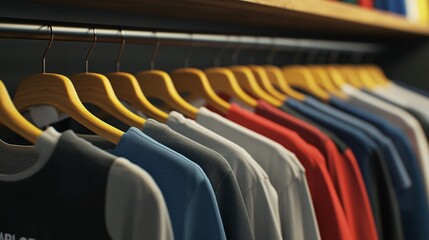 Poster - Clothes rail displaying t-shirts hanging on wooden hangers