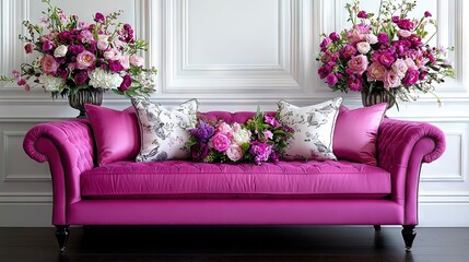 Poster -  A couch adorned with flowers and two vases on either side