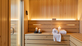 Sophisticated spa sauna with soft lighting and wood textures, luxury retreat