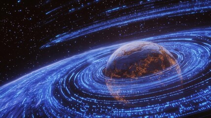 Poster - hologram of futuristic planet earth with digital glowing map of dots. hi-tech hud circles. abstract 