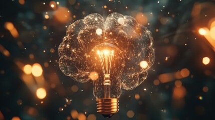 Poster - bright lightbulb taking the shape of a brain, surrounded by glowing particles, symbolizes innovation