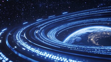 Poster - hologram of futuristic planet earth with digital glowing map of dots. hi-tech hud circles. abstract 