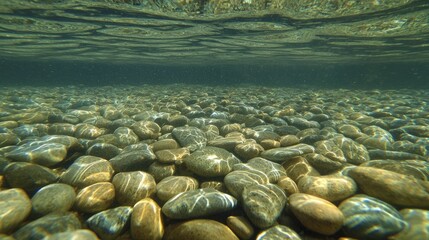 Sticker - Crystal-clear water flowing over smooth pebbles emphasizing fluid motion and natural harmony showcasing the contrast of textures in nature