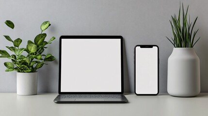 Poster - Laptop and smartphone showing white screen with plants on desk