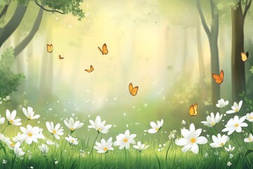 Wall Mural - A lovely, blurred spring landscape with flowering meadows, trees, and a sunny blue sky, produced by  modern