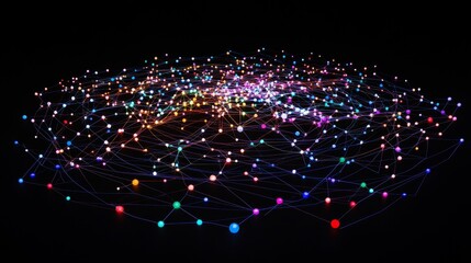 Illuminated spheres, interconnected, dark background.