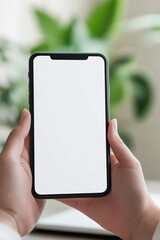 Poster - Businesswoman holding smartphone with blank screen for copy space