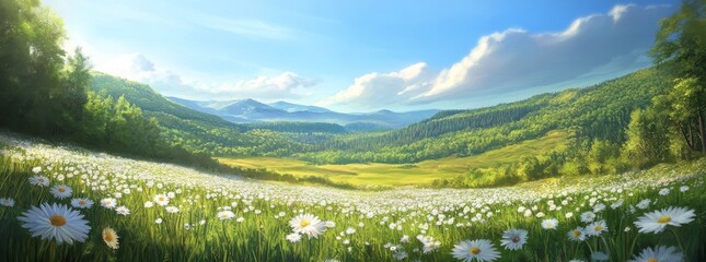 Wall Mural - A breathtaking natural landscape of spring and summer, offering a panoramic view of a pastoral scene with a blooming daisy field nestled in the grassy, rolling hills of the countryside