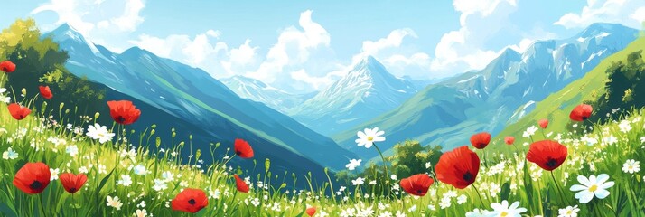 Wall Mural - A broad vista of a meadow adorned with spring flowers